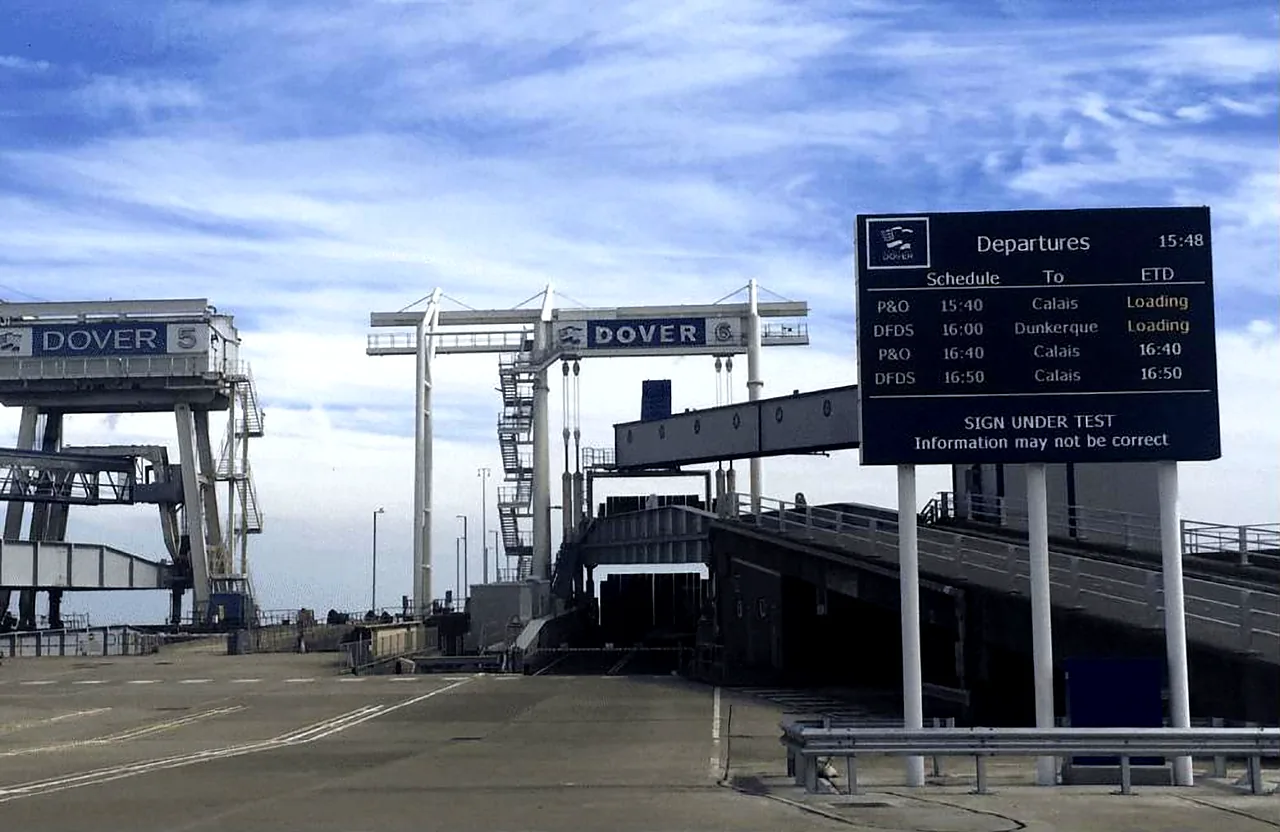 LED departure board at the Port of Dover ferry berths, showing P&O and DFDS sailings